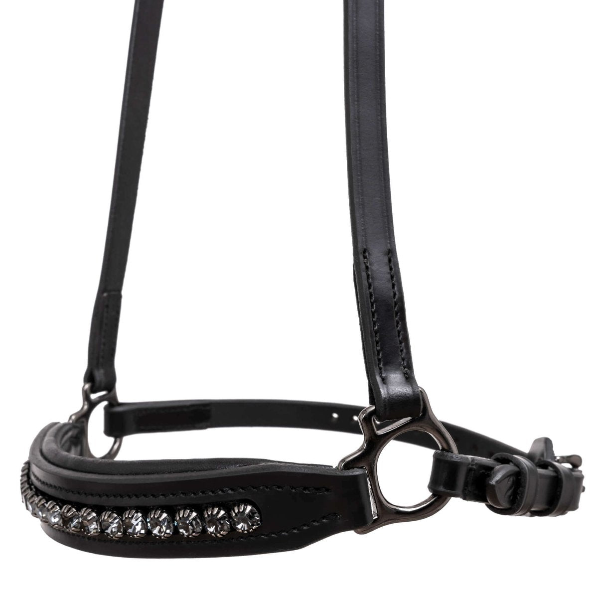 Hanoverian Noseband "DIAMOND" with dark metal buckles and anthracite rhinestones - animondo.dk - NR-DIA-ANT