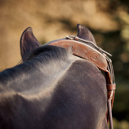 Finesse Bridles Cassidy Trense, rundsyet m. bredt næsebånd - brun/brun/guld - animondo.dk